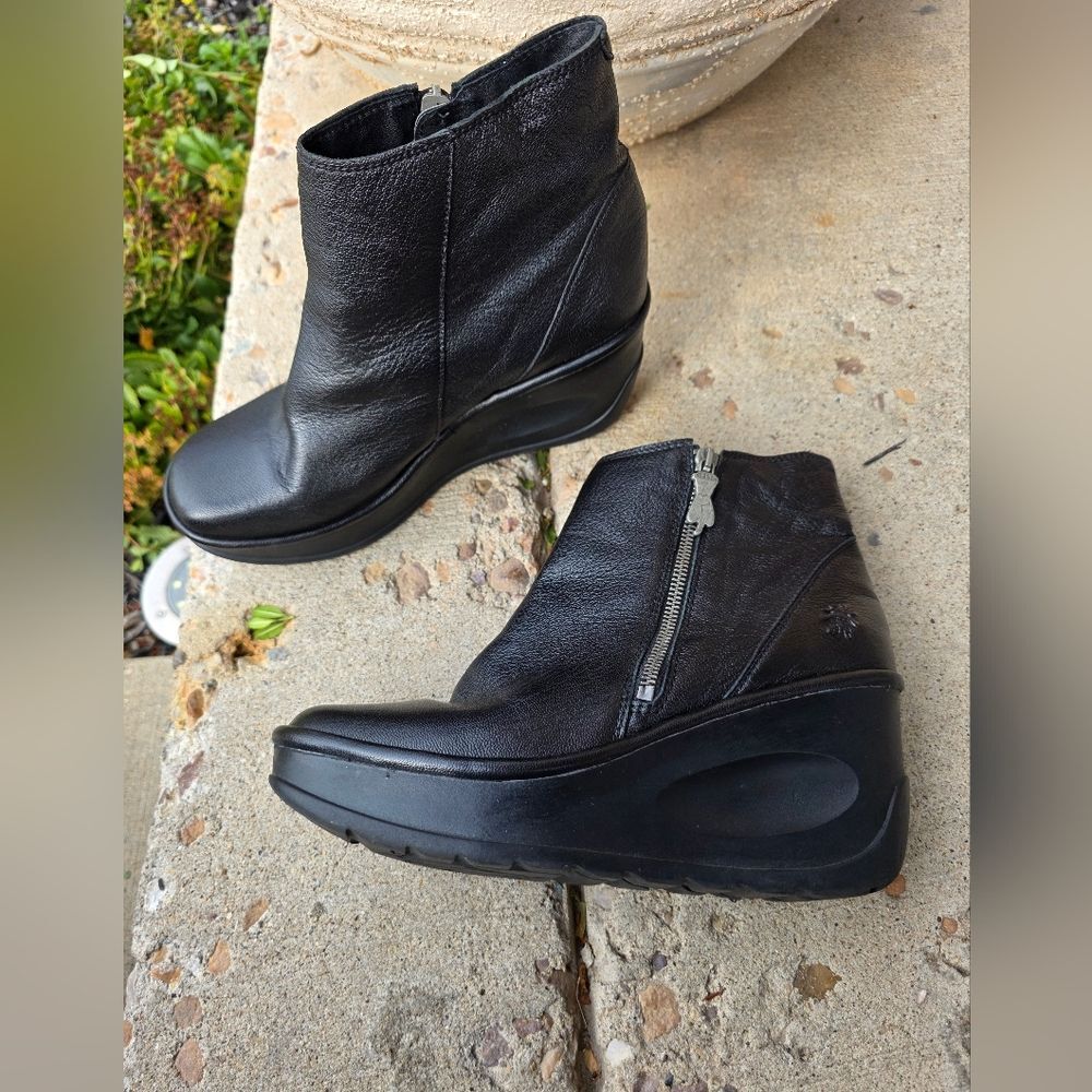 Fly London Bootie Women Hulk Shoes Black Leather Platform Wedge Sz 40